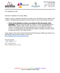 Spanish version of the 2021 Fall Break announcement